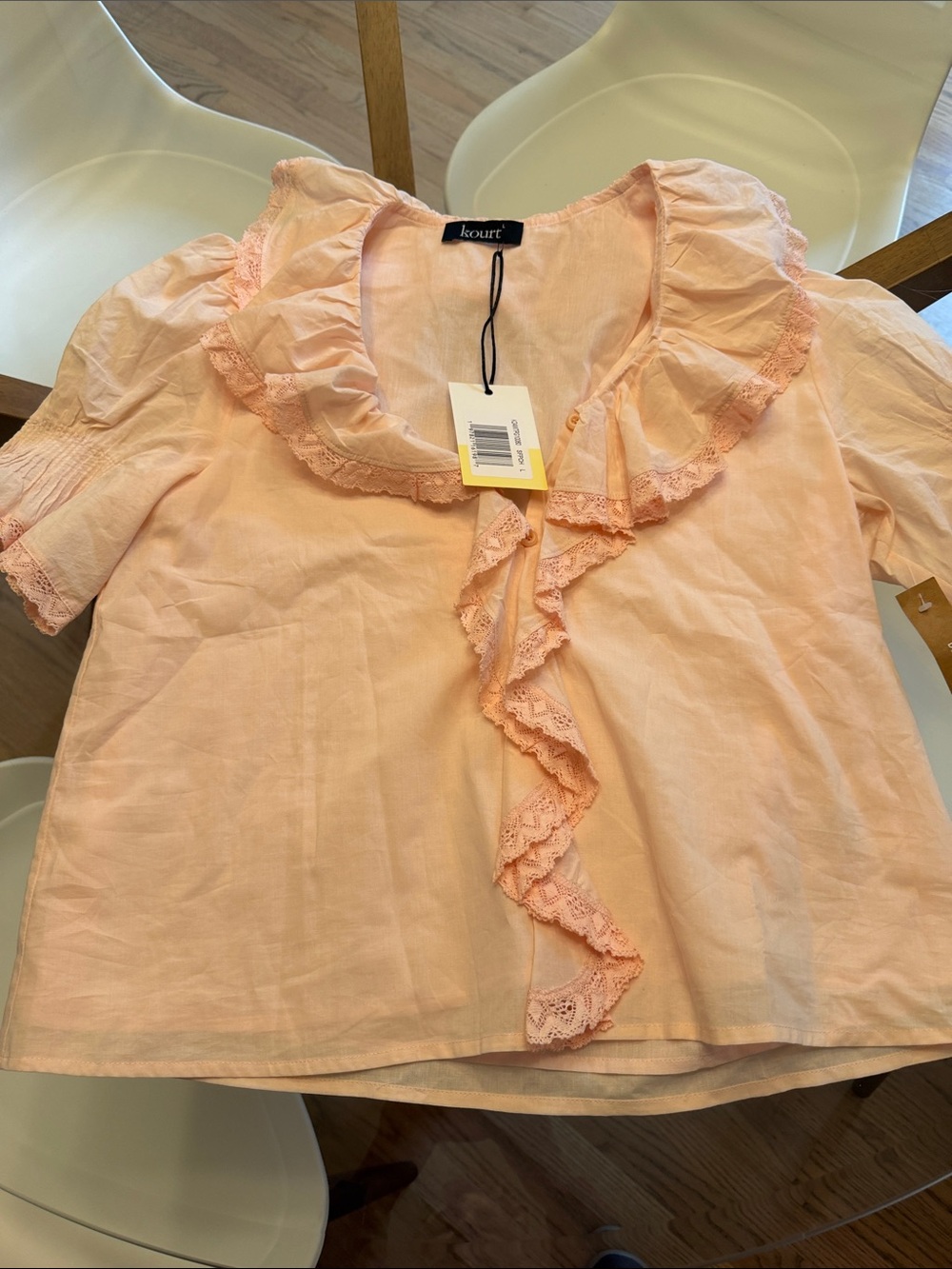Kourt Peach Ruffle-Trim Short Sleeve Blouse